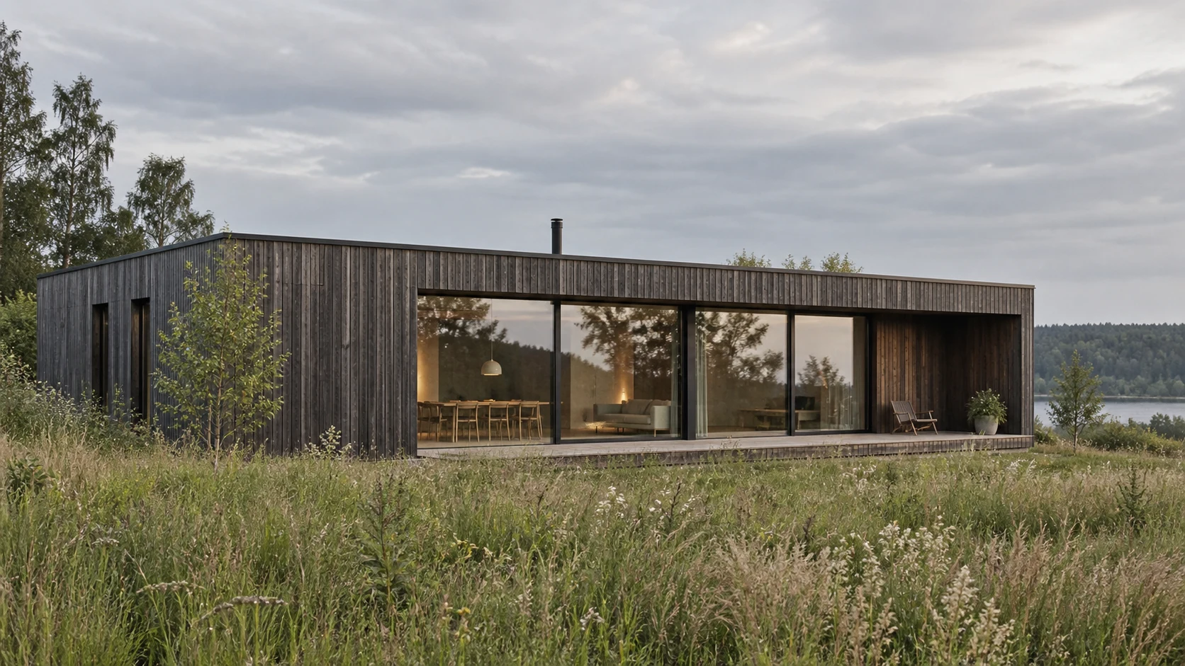 Parterowy dom o drewnianej elewacji, otoczony łąką — ilustracja architektoniczna